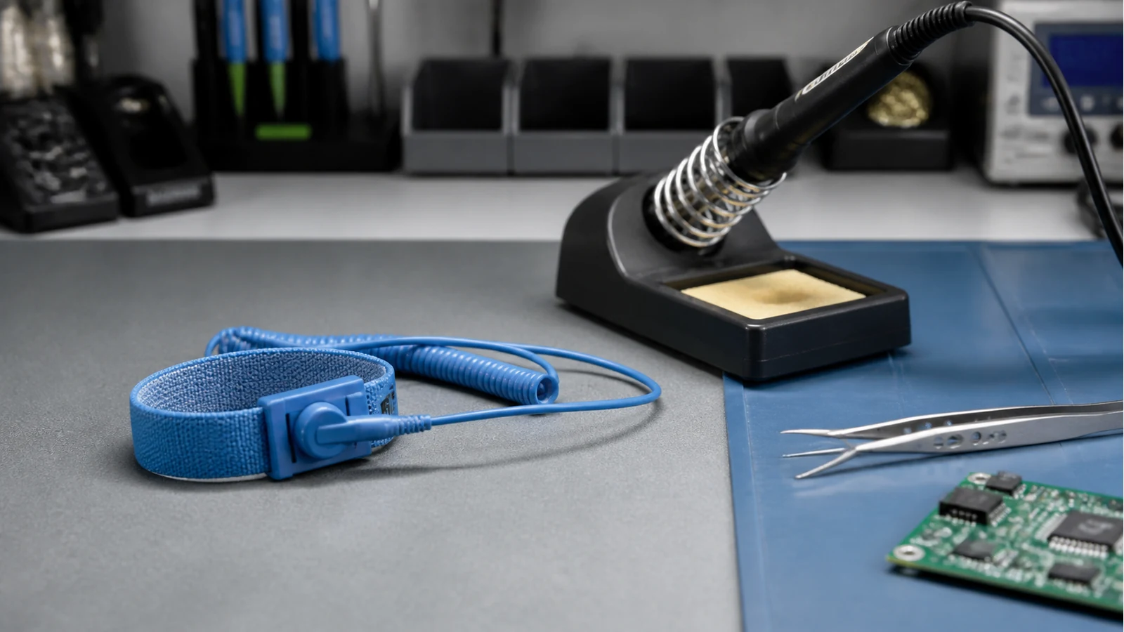 ESD wrist strap and soldering iron on a grounded-style electronics mat