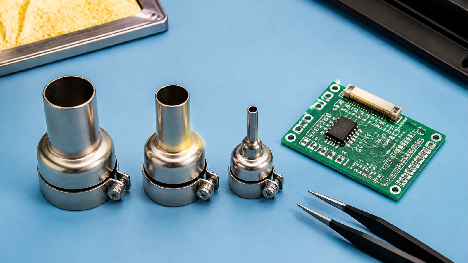 Hot air nozzles of different sizes next to an SMD practice board