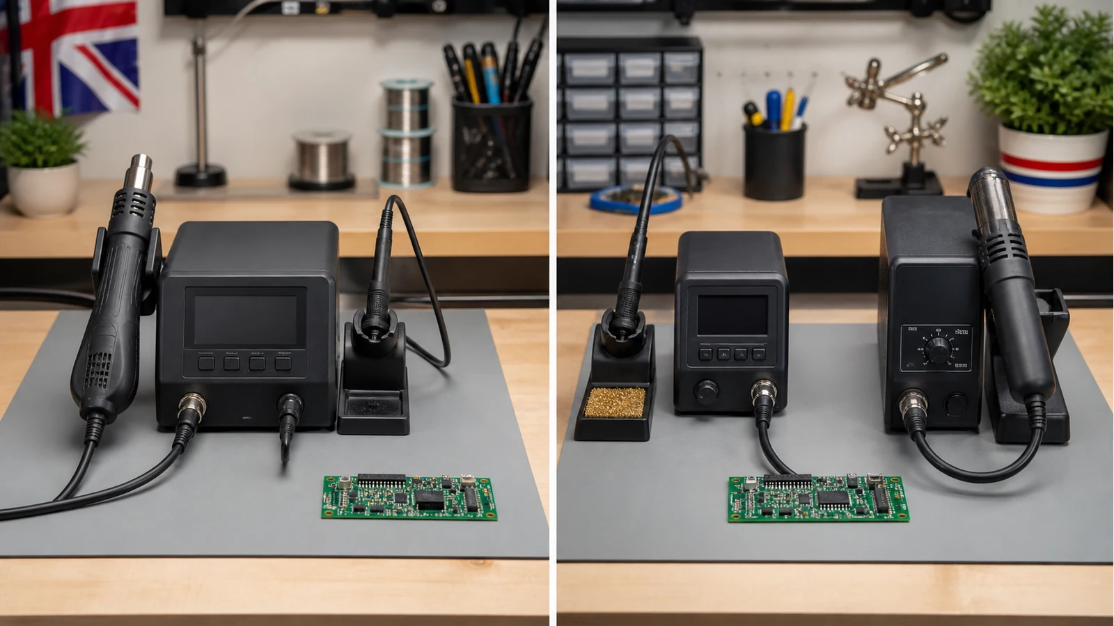 Comparison of a combo soldering rework station versus separate iron and hot air units on a desk
