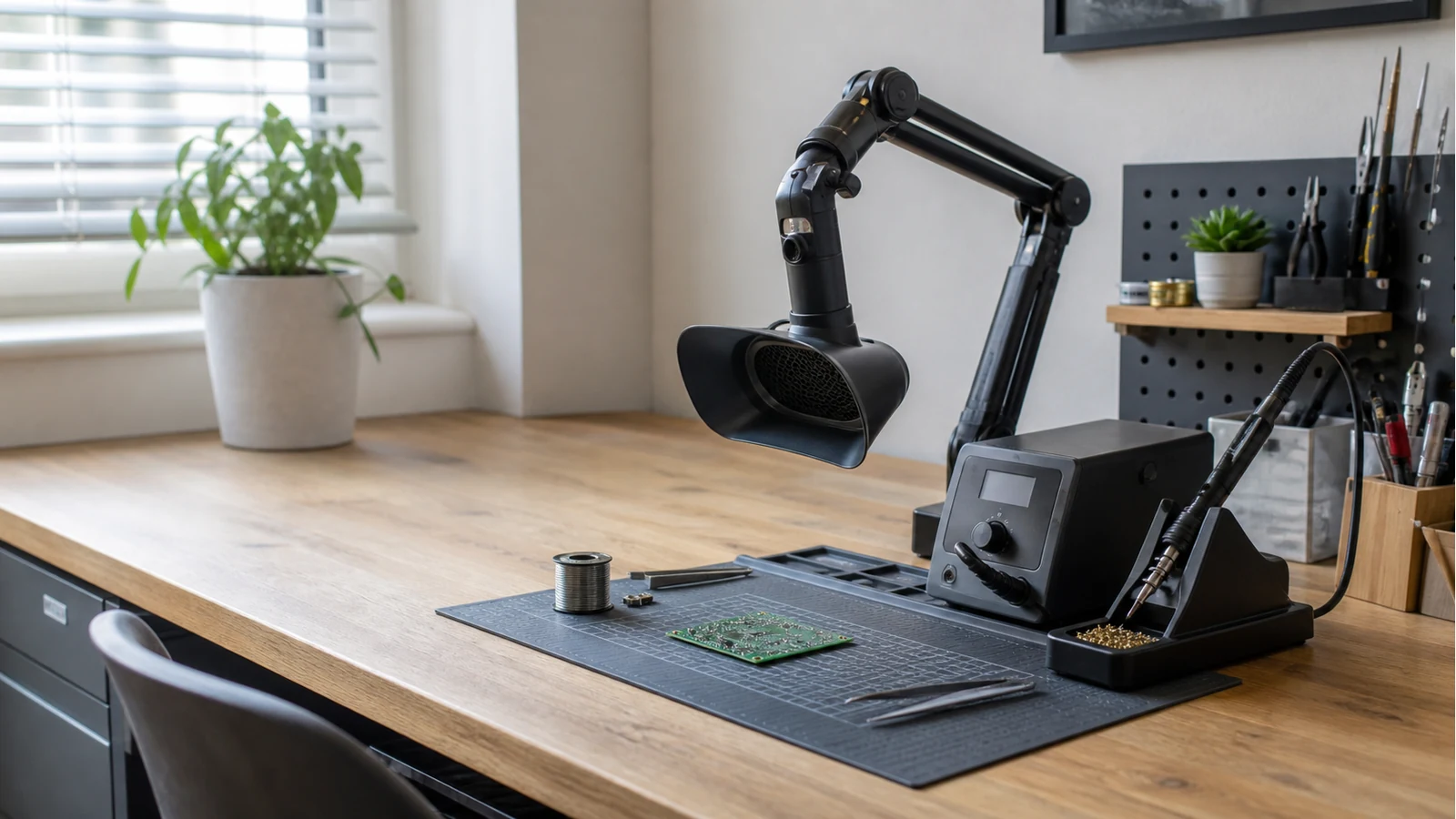 UK electronics desk with soldering station and bench fume extraction arm