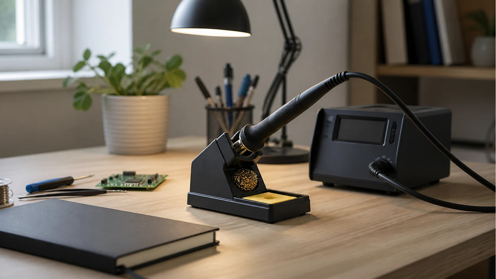 Soldering iron resting in a safety stand on a compact UK study desk