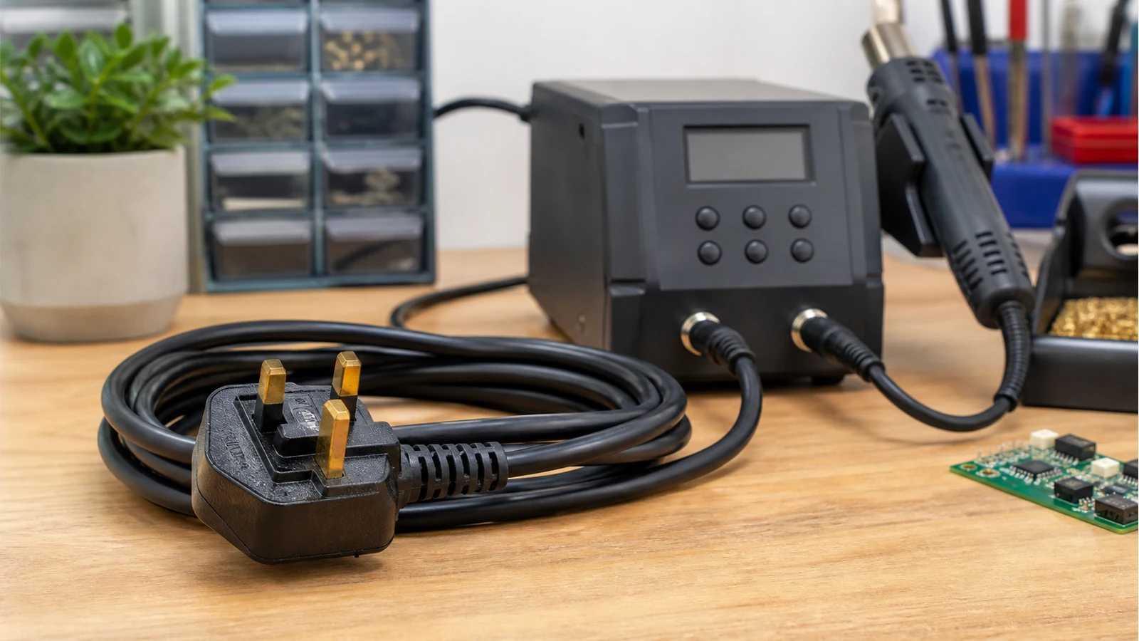 UK three-pin plug lead next to a compact soldering and hot air station